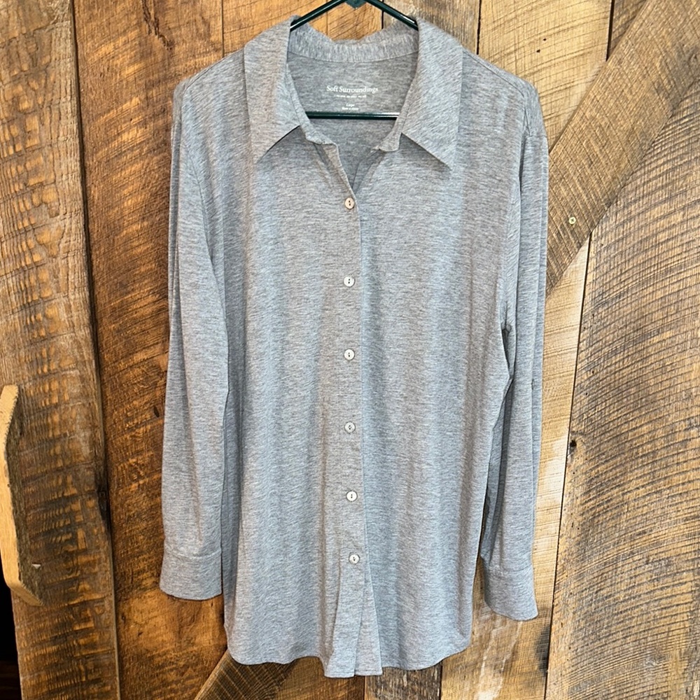 Soft Surroundings Women's L Cool Breeze Tunic Gray Stretch Roll Tab Sleeve B16